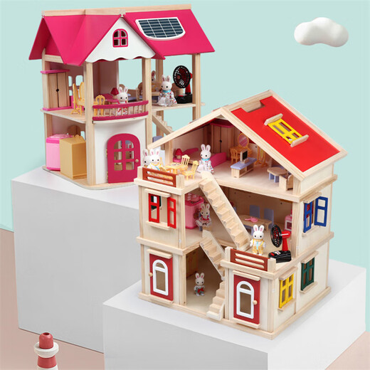 Yunya Children's House Kitchen Doll House en bois Villa Boy and Girl Princess Simulation Modèle de la journée pour enfants Cadeau à trois étages Villa + 19 pièces de meubles + Famille de lapin