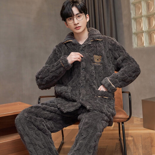 Langsha Pajamas Coral Velvet Men's Coral Velvet Automne et hiver Plus Velvet Les vêtements de revers épaissis en velours peuvent être portés à l'extérieur pour un ensemble simple de deux pièces [épaissi] Broidered Bear 2xl [145-175jin [Jin est égal à 0,5 kg]]]