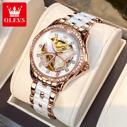 Olevs Swiss Certified Brand Watches für Frauen mechanische Uhren Vollautomatisch leuchtend wasserdichte Frauen Uhren Fashion-Uhren für Frauen OLEVS-6622 CERAMIOMIOKE WHITE Butterfly
