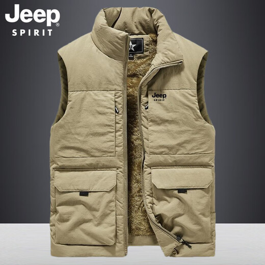 JEEP SPIRIT Outdoor Jeep Vest Men's Autumn and Winter Multi-Pocket Vest Loose Large Size Men's Fishing Vest Men's Jacket Mountaineering Wear Khaki 2XL