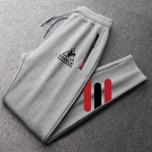 Le coq sportif French big cock casual sports pants for men in spring, autumn and winter new fashion versatile running leggings long pants light gray non-velvet flat-footed sweatpants red and black three bars XL recommended 140-160Jin Jin equals 0.5 kg