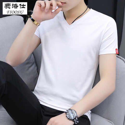 Phelos summer men's short-sleeved T-shirt solid color cotton thread slim-fit trendy V-neck white half-sleeved top summer ice silk t-shirt white L (105-120Jin[Jin equals 0.5 kg])