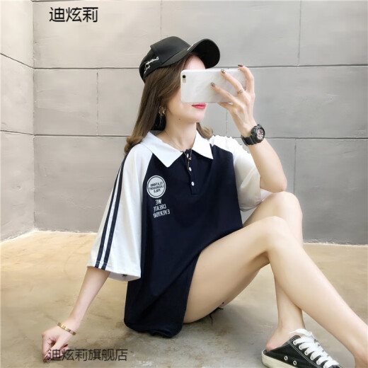Di Xuanli Lapel T-shirt Women's Loose Korean Style Student Girls High School Junior High School Girls Short-Sleeved Clothes Summer Harajuku Style Middle School Students Summer Versatile Collar Polo Shirt Top White One Size