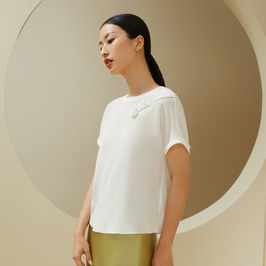 金三塔基础打底衣女真丝中式印花上衣小衫YSFDA701 丝白8229 L