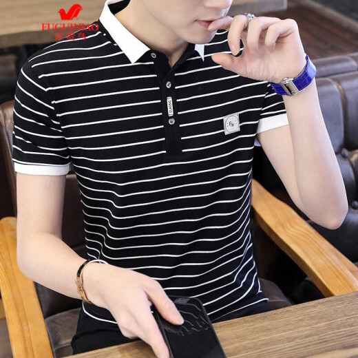 Fuguiniao summer new men's short-sleeved T-shirt striped cotton thin business casual lapel men's polo shirt men's shirt collar men's T-shirt youth Korean version trendy black XL