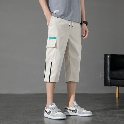 Dan Pretty Teen Loose Lose Cropped Hosen Männer Sommer Thin Style 12-18 Jahre alte Schüler der Mittelschule Elastische Taille Sportshorts mittelhosen M COPPED HOSE 9230M Weiß M 95jin [Jin gleich 0,5 kg]