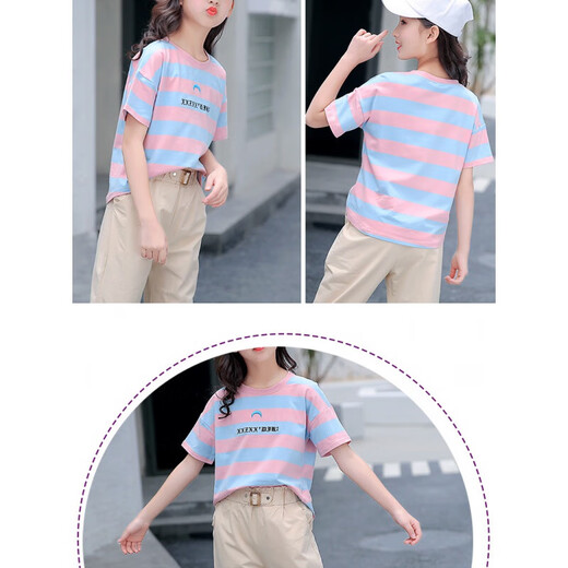 
Aino Round Girls Sports Set Medium-Grand Children's Summer Children's Short Sleeve Sweater Thin Casual Pants Two-Piece Clothes Blue Room Pink 160 Recommended height about 145-155CM