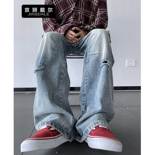 京狮戴尔美式复古破洞工装牛仔裤男秋季宽松直筒阔腿裤高街潮牌嘻哈休闲裤 复古蓝 K691 M (建议105-120斤)
