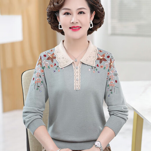 俞兆林中年妈妈装秋装长袖针织小衫绣花上衣新款中老年女装洋气打底衫女 FXQYT695 雾霾蓝(+黑色三角裤) XL (建议110-120斤)