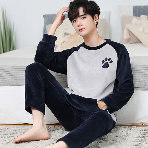 Modal Herren Pyjamas Koralle Velvet Winter plus Samt verdickte studentische Cartoon Lose Jugend Imitation Flanell Home Kleidung zwei Stücke 3895# Royal Blue Bear Footprints 2xl [vorgeschlagen 140-160jin [Jin gleich 0,5 kg]]