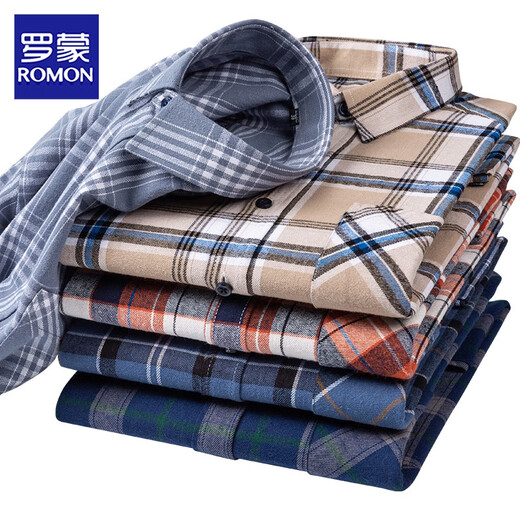 罗蒙（ROMON）全棉磨毛格子男士长袖衬衫休闲百搭中年爸爸装纯棉衬衣加大码外套 亮宝蓝色 R2-866 39【适合125斤左右】