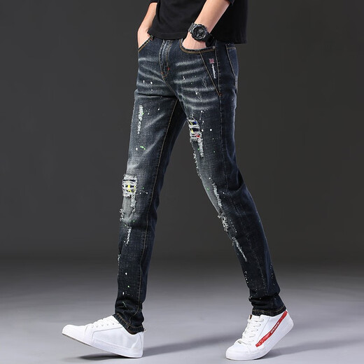 Mode Marke Ripped Jeans Herren Elastic Patch Patch Tuch kleine Füße Hosen koreanischer Stil Slim Jeans bemalt