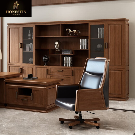 Han Feisting desk boss table solid wood office desk and chair combination executive desk new Chinese style bookcase general manager office furniture 2.0 meters boss table + side table