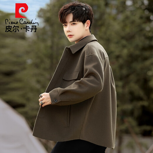 皮尔卡丹2025新款冬季毛呢外套男士双面羊毛大衣短款翻领休闲呢子夹克秋装 卡绿色 XL 180