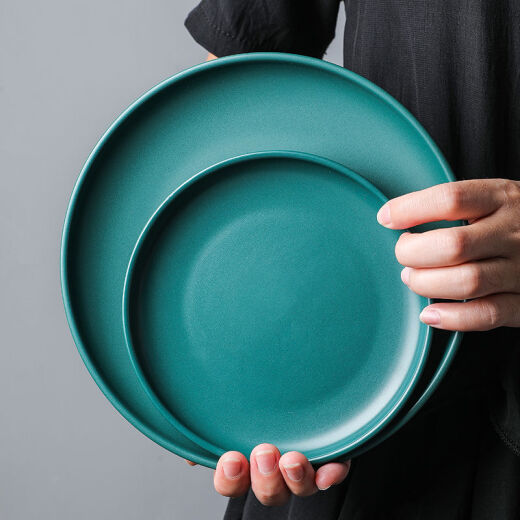 Nordic Matte Ceramic Western Plate Dark Green Household Round Tableware Cake Plate Salad Plate Steak Pasta Plate Black Line Steak Plate-10 Inch ([Thickened])