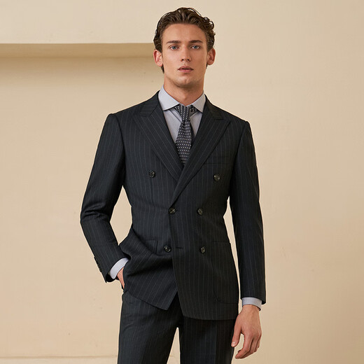 Guillaume de Mons Aojia pure wool double-breasted suit suit men's slim business formal attire professional groom wedding suit complete set for men navy striped top + trousers 185 48