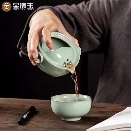 Gold inlaid jade Kung Fu travel tea set teapot, quick cup, elegant cup lid, bowl, Ru kiln, Xianglong quick cup