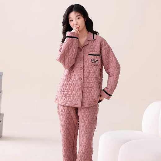 芊之雅（QIANZHIYA）冬天空气棉纯棉睡衣女生薄夹棉套装家居服加棉加层保暖中年居家服 YUT-YH683# 女L