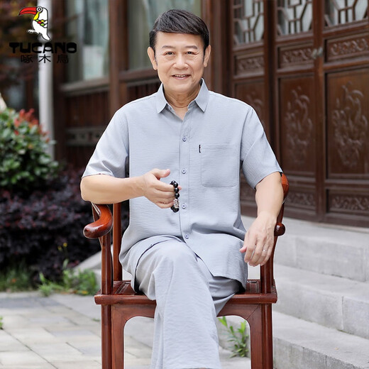 
Woodpecker Tang suit male dad summer short-sleeved shirt middle-aged and elderly Tang suit male Chinese style 60-70 years old grandfather summer suit elderly clothes dark gray short-sleeved (suit) 39/165