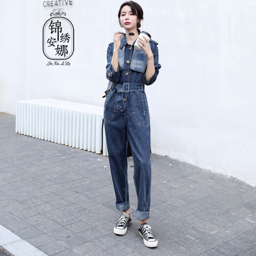 Splendid Anna Denim Jumpsuit Women's 2020 Autumn New Korean Style Slim Retro Work Suit Temperament Casual Jumpsuit K3135 Blue S