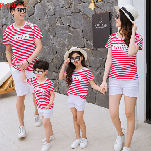 Bebedini store striped parent-child clothing for a family of three t-Xia 2019 new family of three family set mother-child mother-daughter clothing trendy red single-piece T-shirt mom M