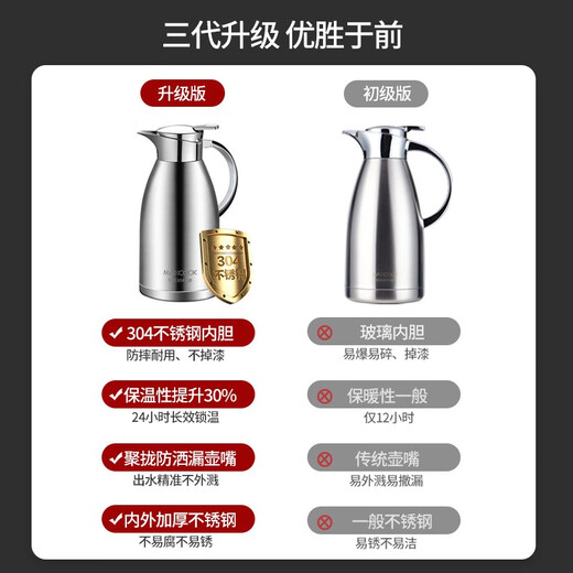 MAXCOOK thermos kettle 304 stainless steel vacuum hot water kettle thermos flask thermos boiling water bottle large capacity non-slip coffee pot 2L natural color MCB3932L