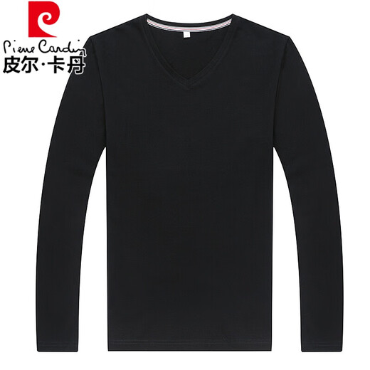 Pierre Cardin 2025 new men's pure cotton long-sleeved T-shirt men's autumn and spring V-neck autumn clothes middle-aged slim casual men's tops black + white two-piece set M 165