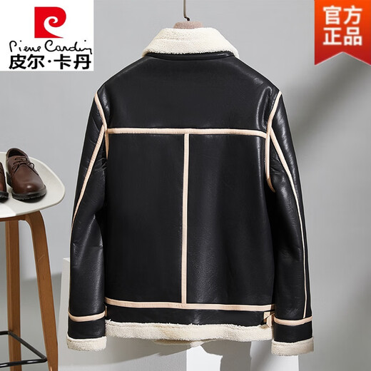 Pierre Cardin fur one-piece men's winter large size velvet thickened leather jacket short motorcycle jacket men's lamb wool jacket brown XL (light business)