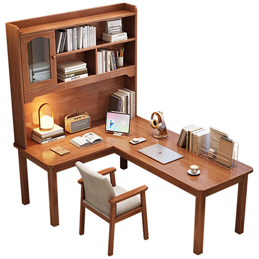 Fengyeqingqing Nordic solid wood corner desk computer desk bookshelf combination bedroom corner study table L-shaped office writing desk solid wood single table (walnut color) 1.6 meters