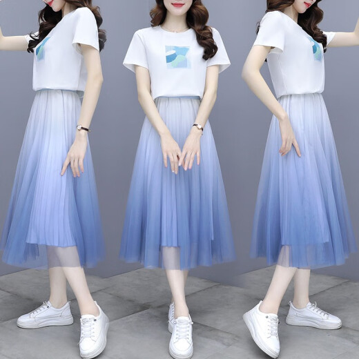 Aiweisi dress suit skirt 2022 summer new style super fairy sweet top T-shirt pleated mesh skirt dress suit blue suit L