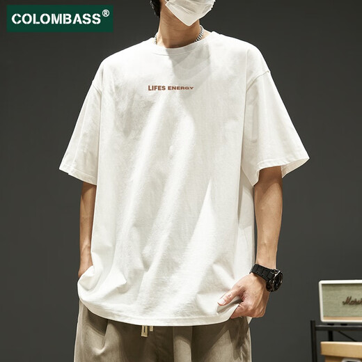Colombass Pure Cotton Kurzärärt-T-Shirt für Männer im Sommer Japaner loser INS Trendy Brandbrief drucken Männer lässig schwere, halbärmelige T-Shirt Green (Combed Cotton Upgrade-Version) L/175 (Empfohlen 125-145jin [Jin gleich 0,5 kg]))