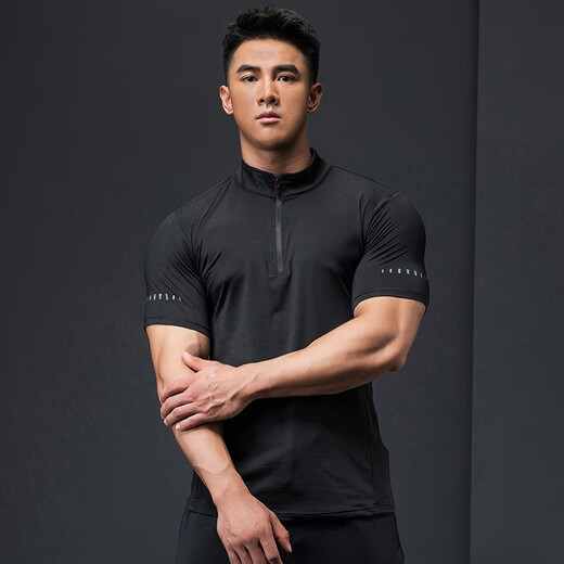 Lutie Dog Fitness Wear Short Sleeve Men's Stand Collar POLO Slim Fit Muscle Showing Quick Drying Breathable High Elasticity Coaching Wear T-Shirt Black XXL