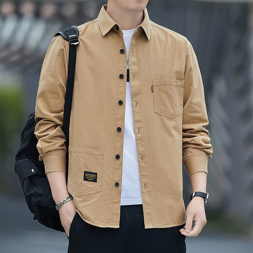 Camisa de Hot Hot Spring y Summer Free Camiseta para hombres Camisa de trabajo de manga larga Camisa de trabajo para hombres Versátiles de dos piezas 815 [Green Green + Khaki] L [120-140Jin [Jin es igual a 0.5 kg]]]
