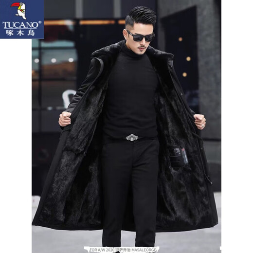 啄木鸟（TUCANO）皮毛一体派克服男士貂皮内胆中年大码连帽尼克服加厚外套大衣冬季 黑色(长款尼克服) XL 120-135斤