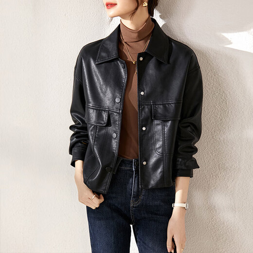 Shandubila is a smart and handsome classic versatile lapel pocket design motorcycle jacket women's leather jacket black L