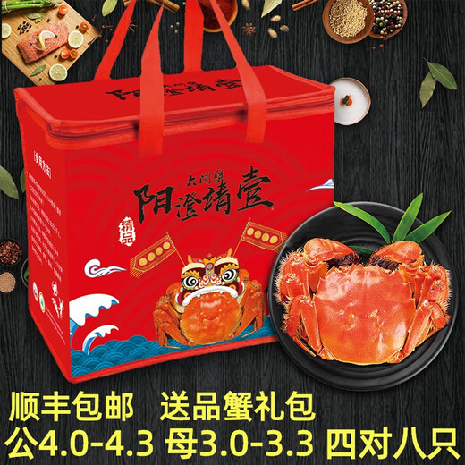 Live crabs, Yangcheng Jingyi hairy crabs, spot fresh large crabs, male and female crabs, seafood fresh gift boxes, male 4.0-4.3, two females, 3.0-3.3 pairs, 4 pairs, 8 pieces