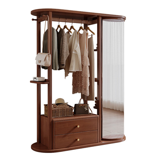 福岚实木衣帽架全身镜一体家用可旋转穿衣镜落地挂衣架卧室收纳置物架 胡桃色（送货上门包安装）