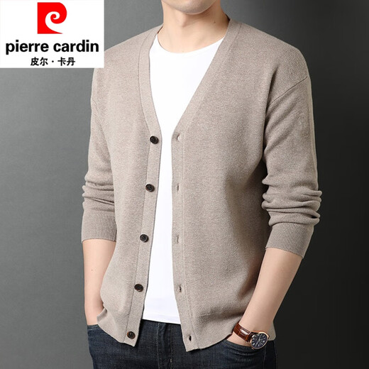 Pierre cardin knitted cardigan men's v-neck sweater spring and autumn solid color casual wool jacket thick outer thread trend GRYH012 black 175/XL