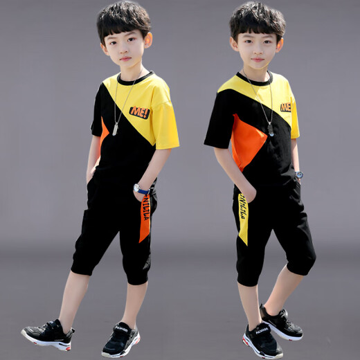 Children's clothing boys' suits children's summer suits 2020 new Xiaobeichen medium and large children's boys' short-sleeved T-shirt shorts clothes children's Korean trendy two-piece set yellow 150 yards (recommended around 140-150cm)