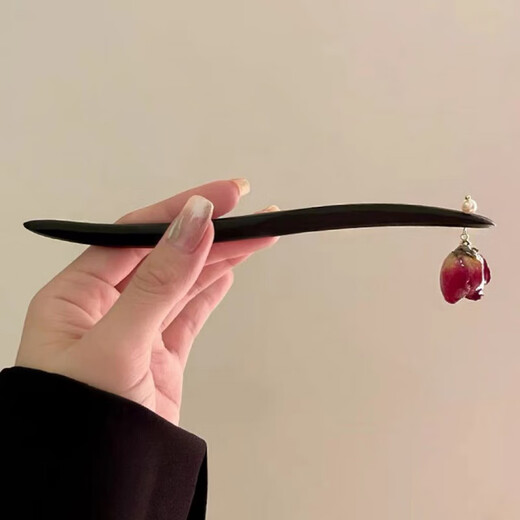 Coriander dried rose, new Chinese style flower black wood hairpin, fairy-like gentle ancient style hairpin headdress, dried rose hairpin