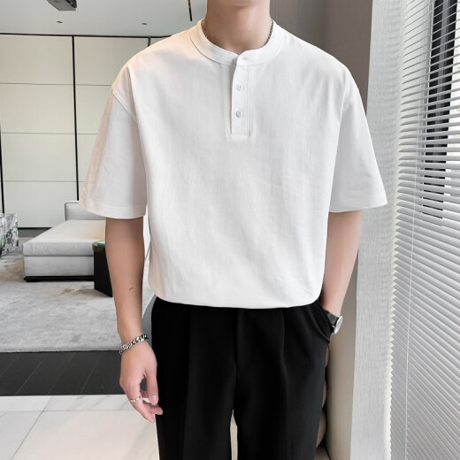 Heavy heavy cotton Henry shirt short-sleeved T-shirt men's summer American retro trend ins loose casual Henry neck T-shirt white M (recommended 111Jin[Jin equals 0.5 kg]-130Jin[Jin equals 0.5 kg])
