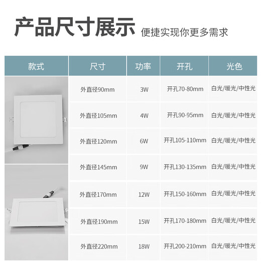 亦夏（YIXIA）超薄led筒灯方形面板灯客厅嵌入式12w开孔10 13 15 20公分格栅灯 【超薄款】18W方形中性光【面径2