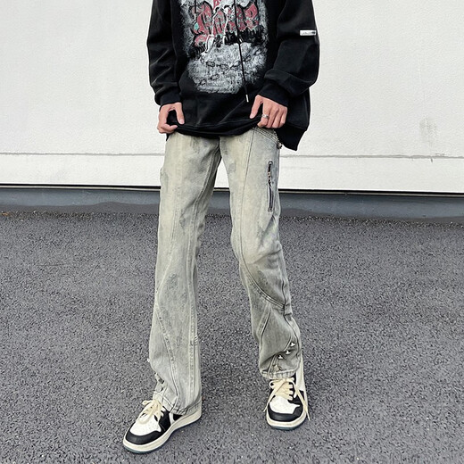 Thunder Han American Retro Waschanschluss Jeans Lose High Street Straight HipHop Design Sinn hübsches, vielseitige Hosen XT-Sxnz-7029 Black M.