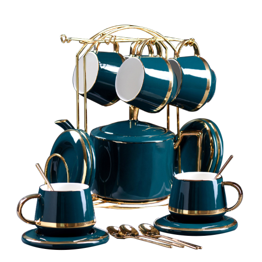 GUYOU coffee cup set, English ceramic tea set, European style cold kettle gift box set, malachite green gold rim, one pot, four cups, saucers and spoons (cup holder)