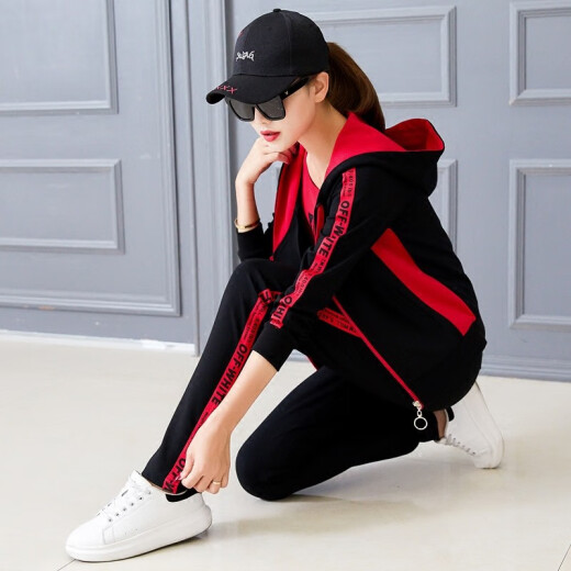 Luo Zhichao casual sports suit for women 2021 spring and autumn new Korean style trendy brand fashion loose large size sweatshirt running suit three-piece set black M (80-95Jin [Jin equals 0.5 kg])