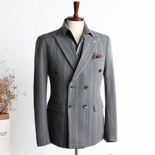 Walker Shop suit suit men's double-breasted suit autumn groom wedding wedding custom dress striped formal three-piece suit medium gray two-piece suit M