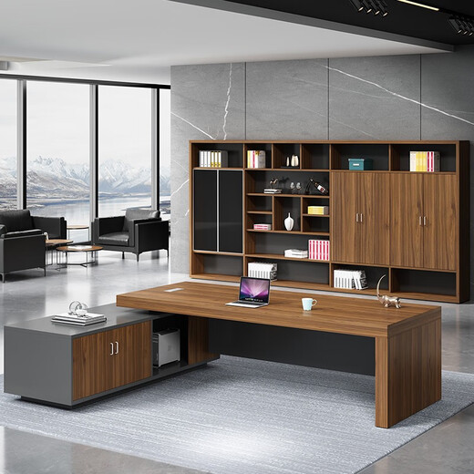 Grid wood boss desk executive desk office desk and chair combination simple modern president desk manager desk supervisor desk fashionable computer desk walnut color left cabinet 2.6*0.9 meters boss table + boss chair