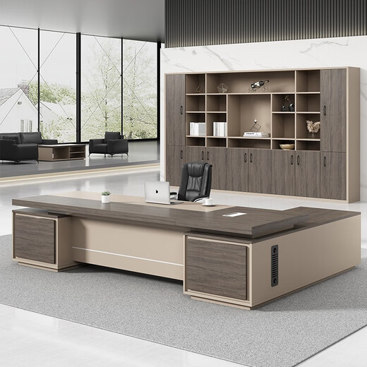 Dilin boss desk desk supervisor manager desk simple modern office furniture leadership table and chair combination single executive desk ebony wood with iron gray (long cabinet on the right) 2 meters including double side cabinets + chairs + 2.4 meters bookcase
