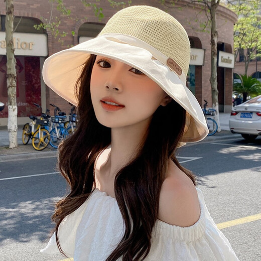斐卡薇防晒帽女遮阳帽渔夫帽夏季户外休闲可折叠沙滩帽子大檐遮脸太阳帽 米白色渔夫帽54-59cm