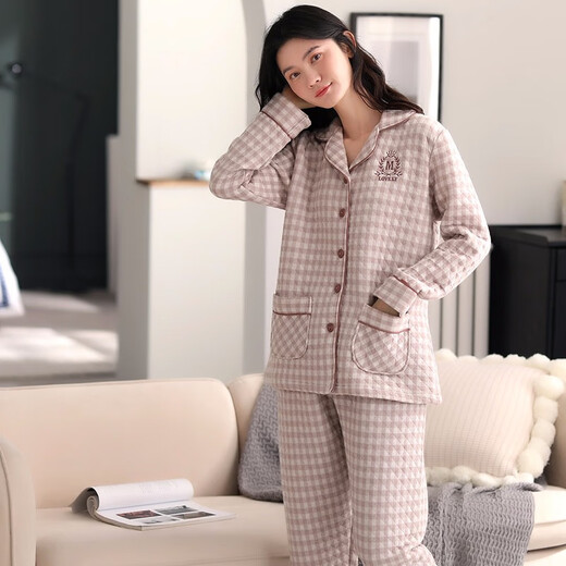 Banxinle (Banxinle) pajamas for middle-aged women, thickened pure cotton sandwich long-sleeved home clothes, winter air cotton thermal insulation, cotton quilted suit LST-88068# light coffee, female L/165
